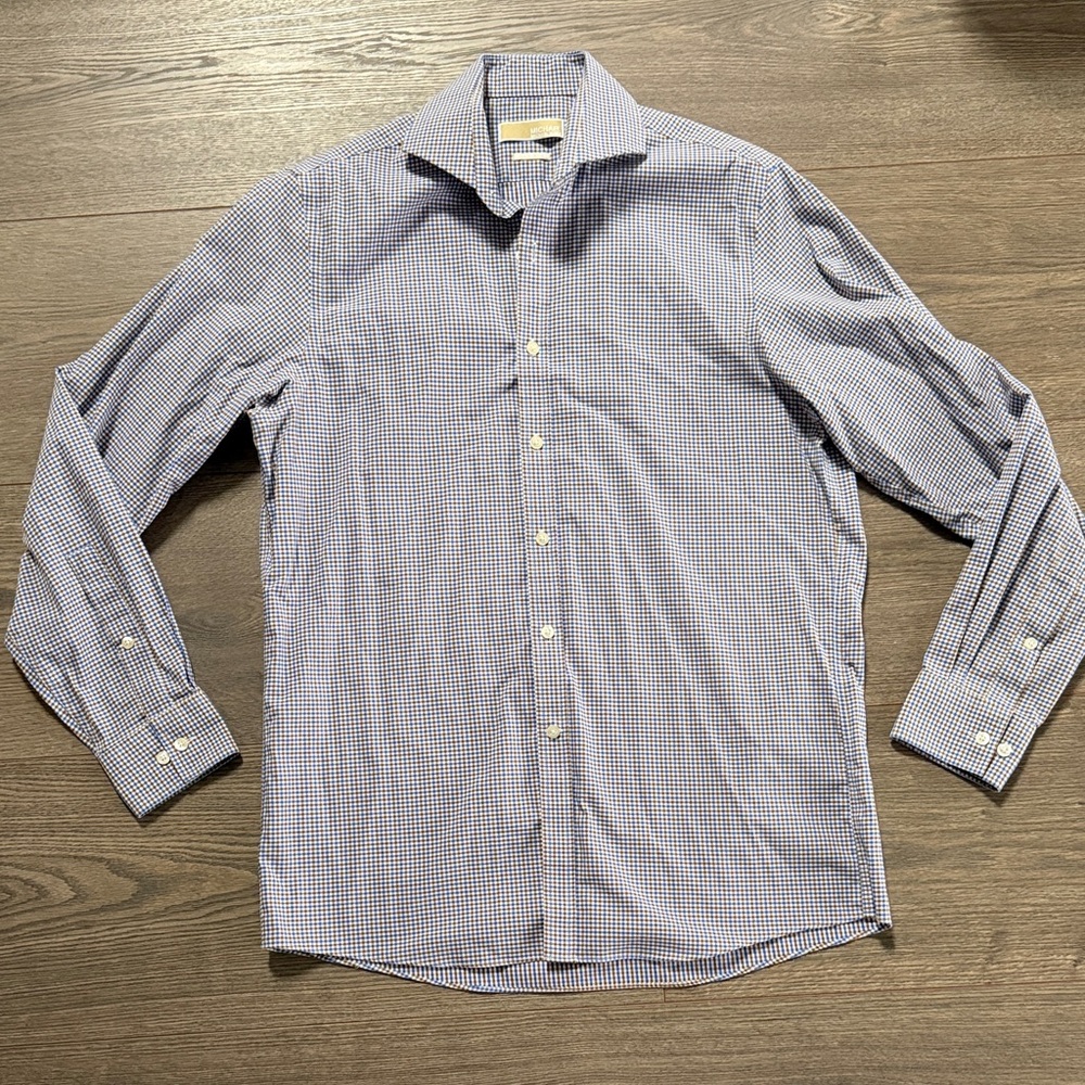 Michael Michael Kors Men's Dress Shirt Button Down Size 15 1/2 Checkered Blue